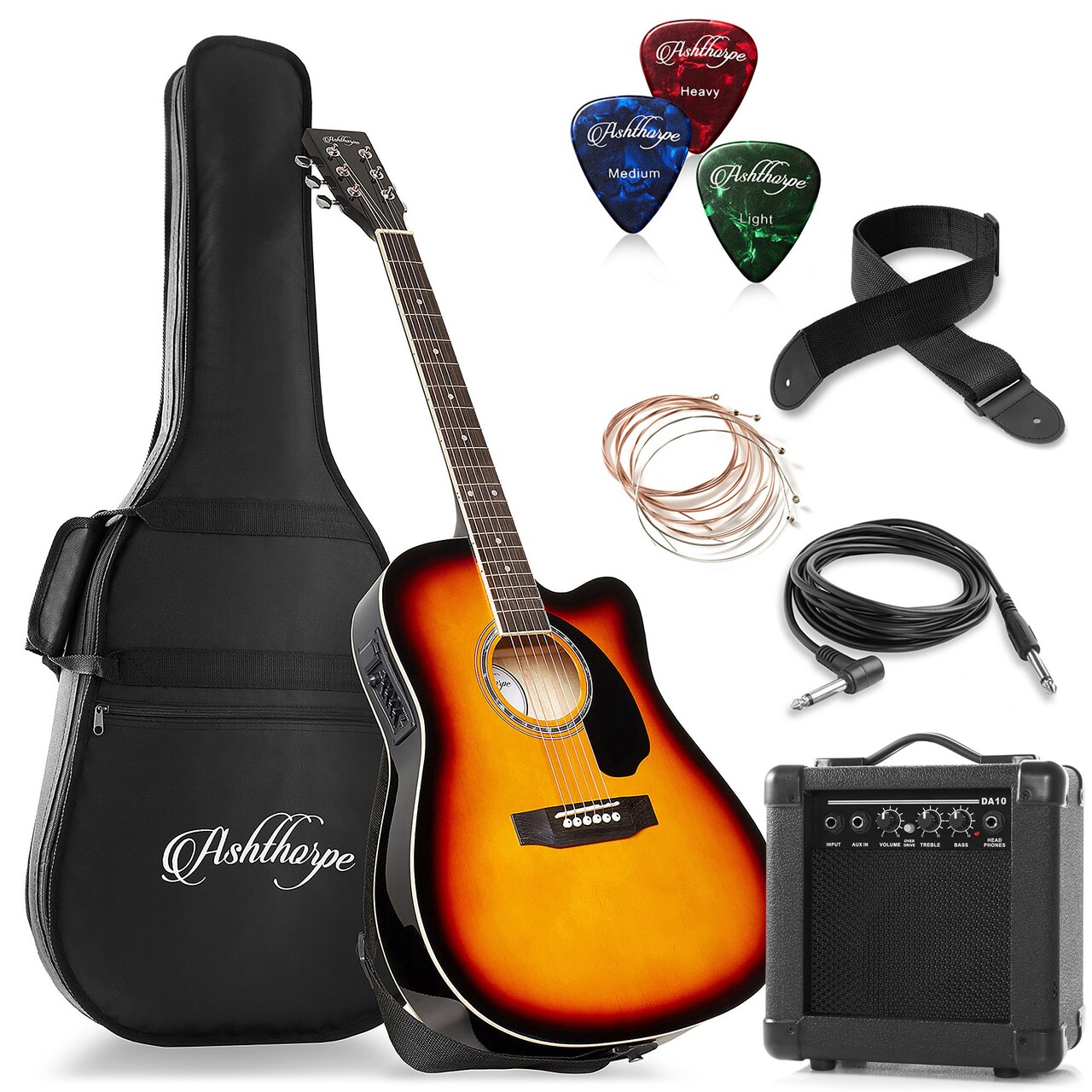 Ashthorpe Full-Size Thinline Cutaway Acoustic Electric Guitar Package with 10 Watt Amp